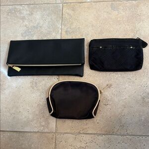 Estee Lauder Black Pouch with Gold Zipper and two (purse size) makeup bags.